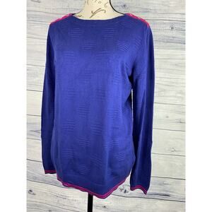 Talbots Purple Knit Sweater Womens S Shoulder Buttons Pink Trim Soft Stretch